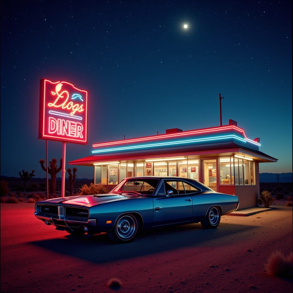 1969 Dodge Charger in Midnight Blue Under Neon Light