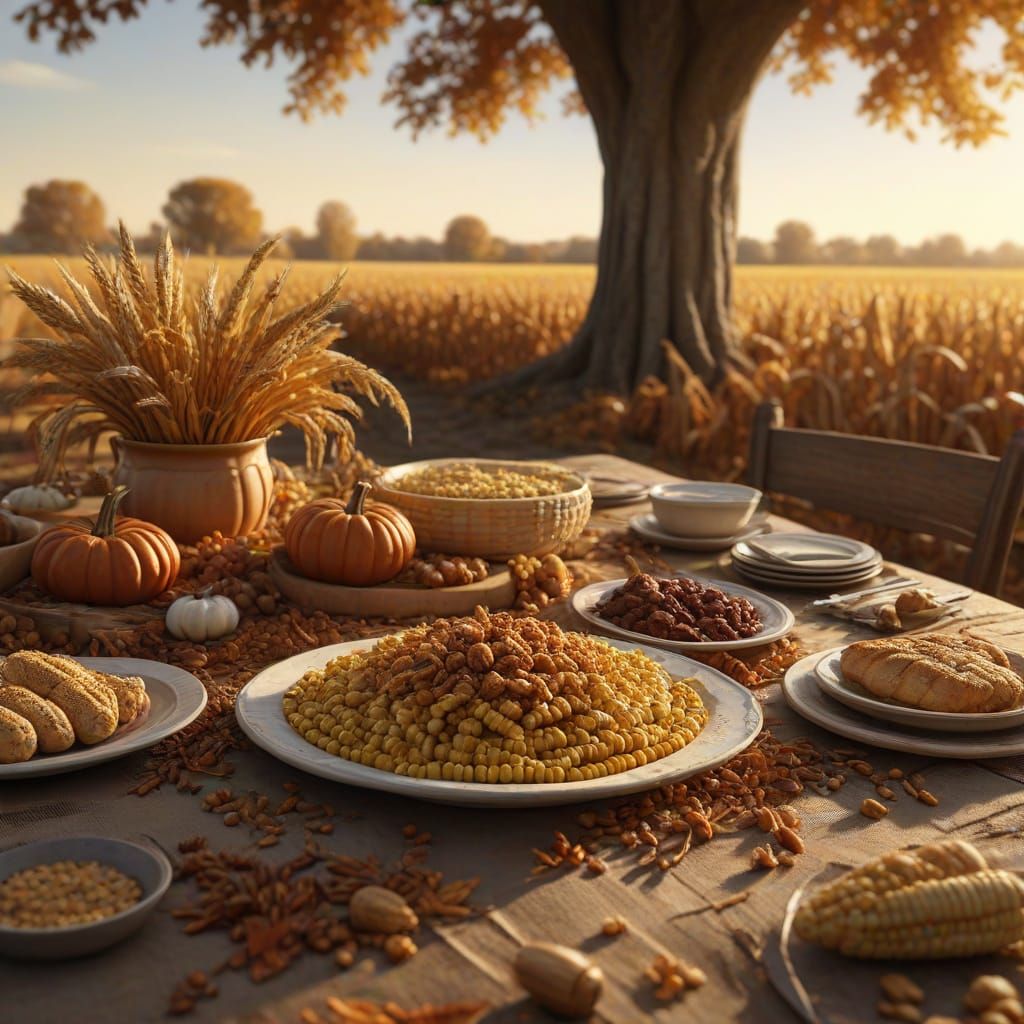 Vast Autumn Cornfield With Majestic Oak Tree and Thanksgivin...