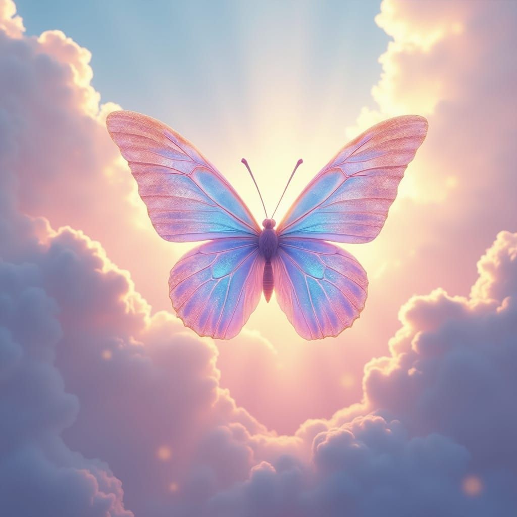 Iridescent Butterfly in Ethereal Pastel Sky
