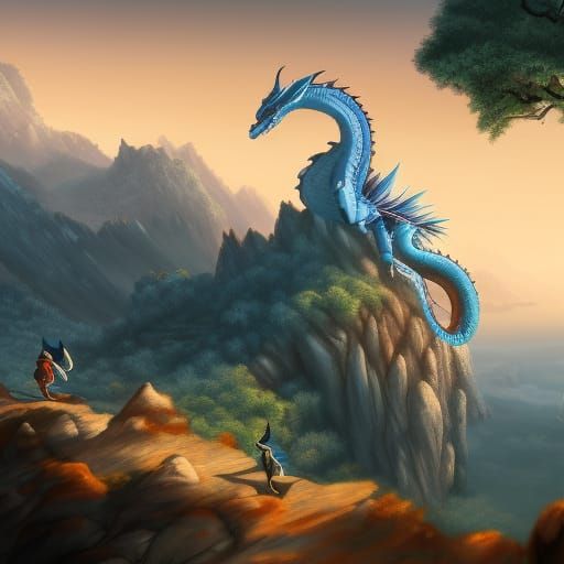 Blue Dragon on Mountain in Monochromatic Pastel Art