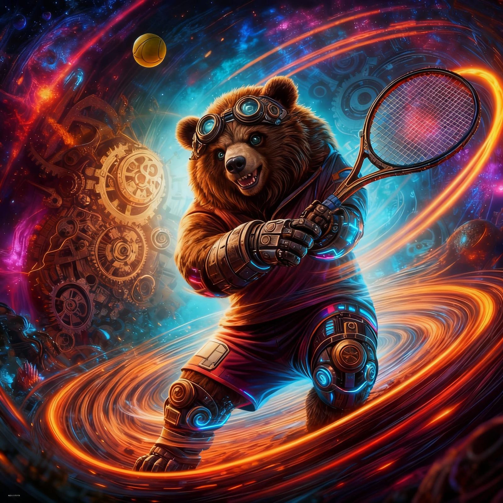 Cyberpunk Bear Plays Tennis Amidst Alien Magic