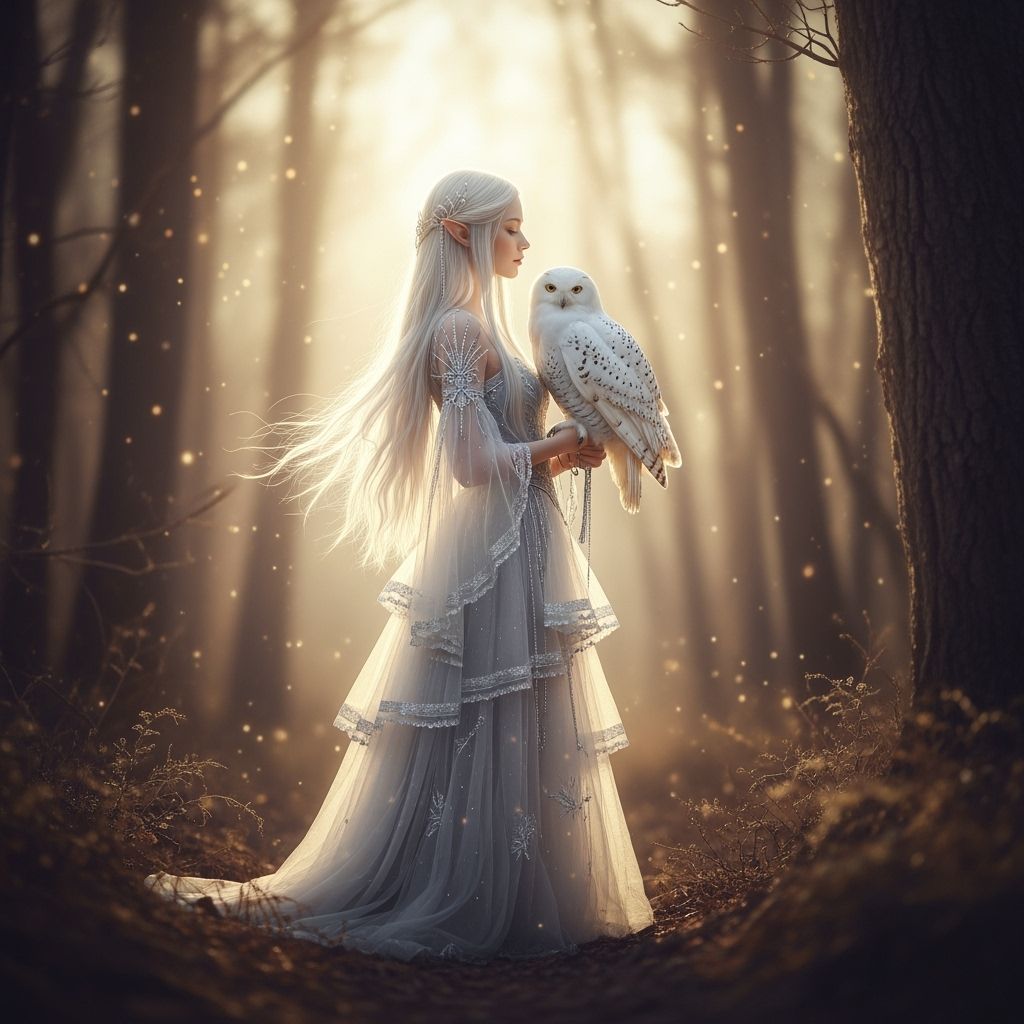 Enchanted Elf with Owl in Golden Forest