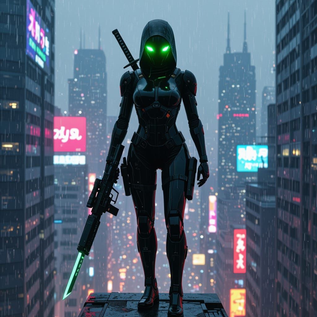 Cyborg Ninja on Skyscraper in Cyberpunk City