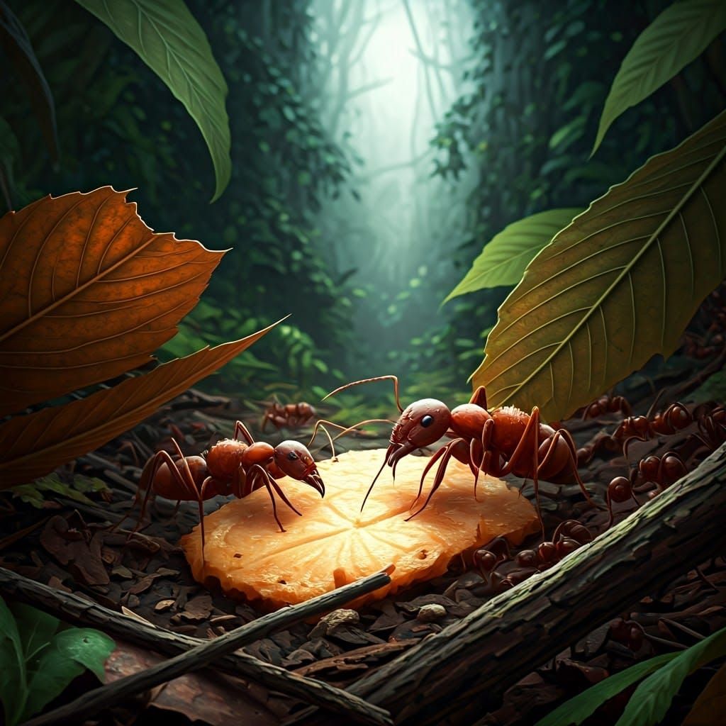 Scurrying Ants in Vibrant Fantasy Landscape