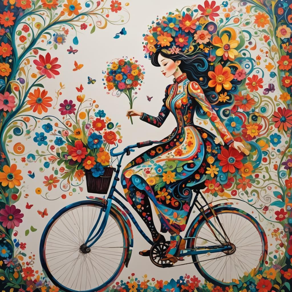 Whimsical Cyclist with Swirling Floral Bouquet