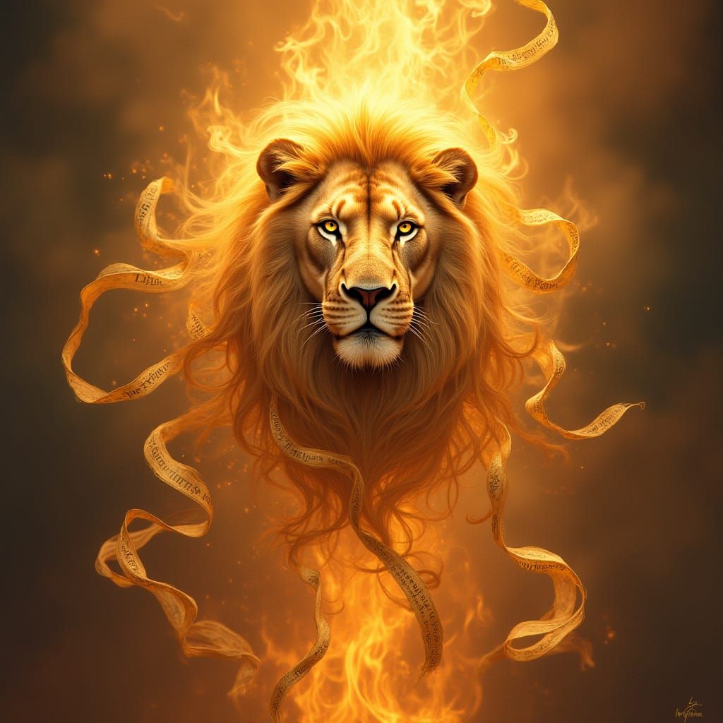 Regal Lion Emerges from Fiery Flames in Golden Glory