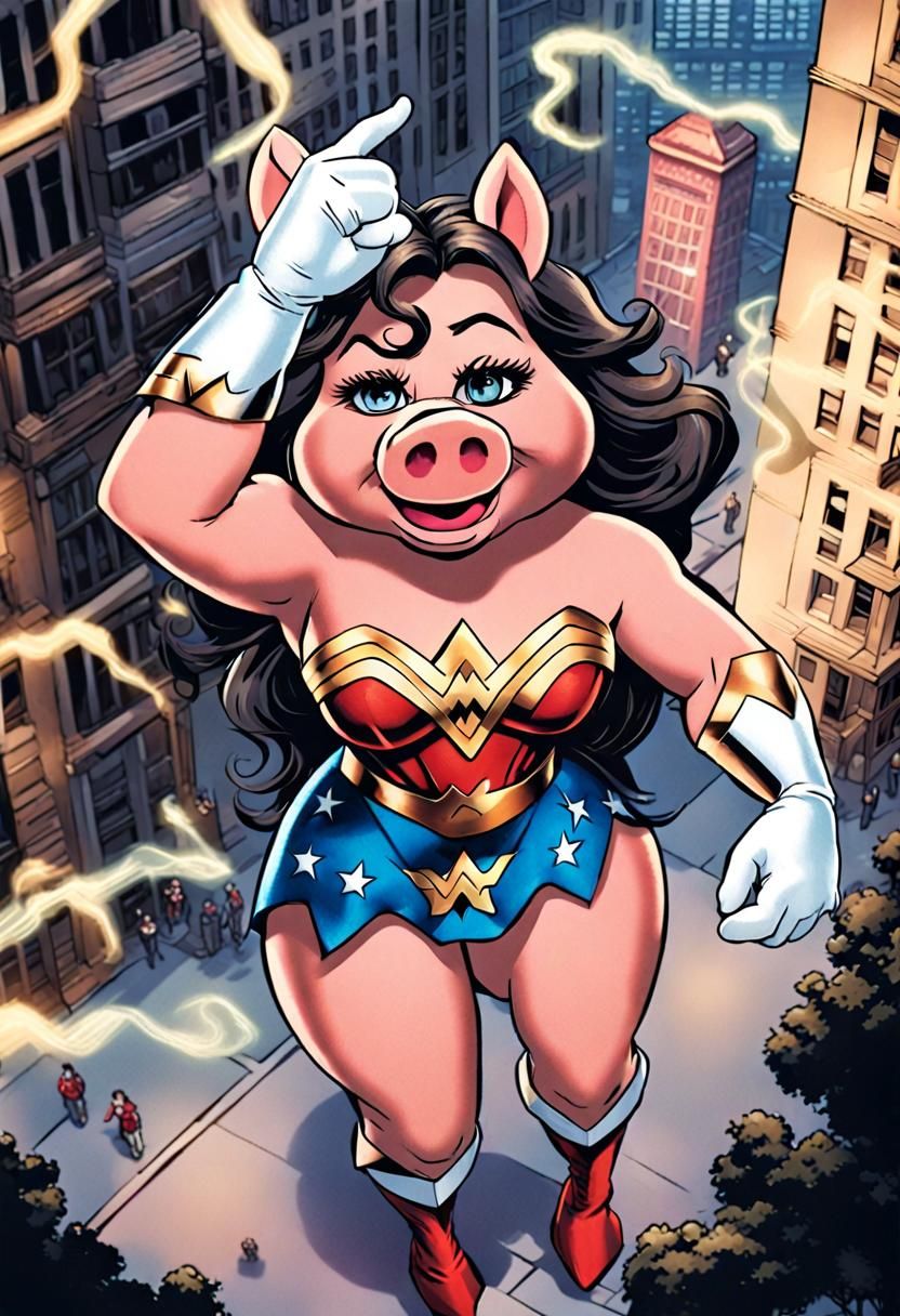Kaiju Miss Piggy as Wonder Woman Comic Art