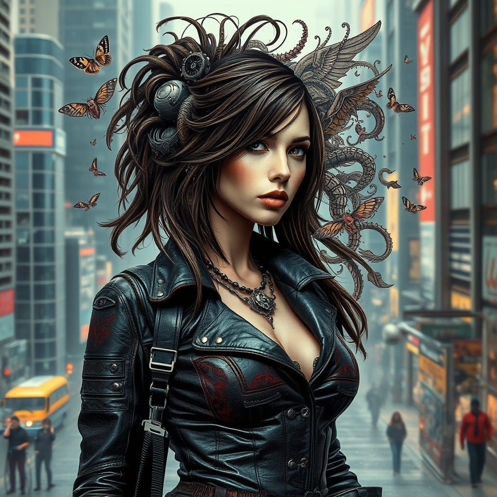 Dark Victorian Goddess in Futuristic Cityscape