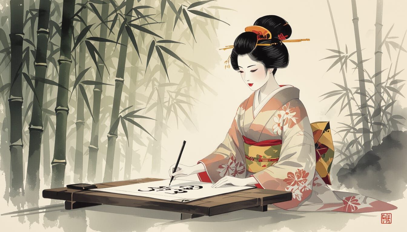 Geisha Calligraphy in Bamboo Garden as Sumi-e Painting