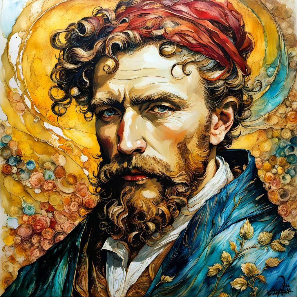 Encaustic Renaissance Portrait with Alcohol Ink