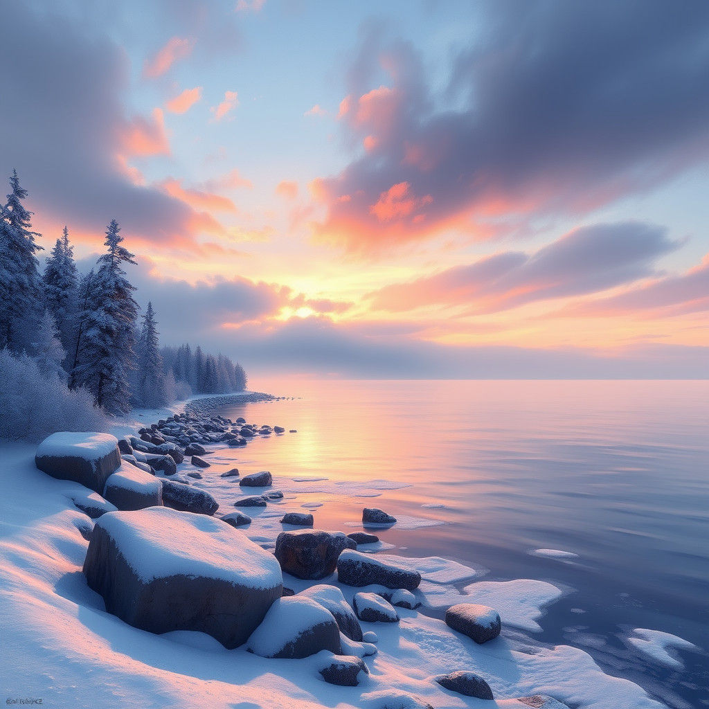 Great Lake Winter Sunrise in Atmospheric Landscape Style