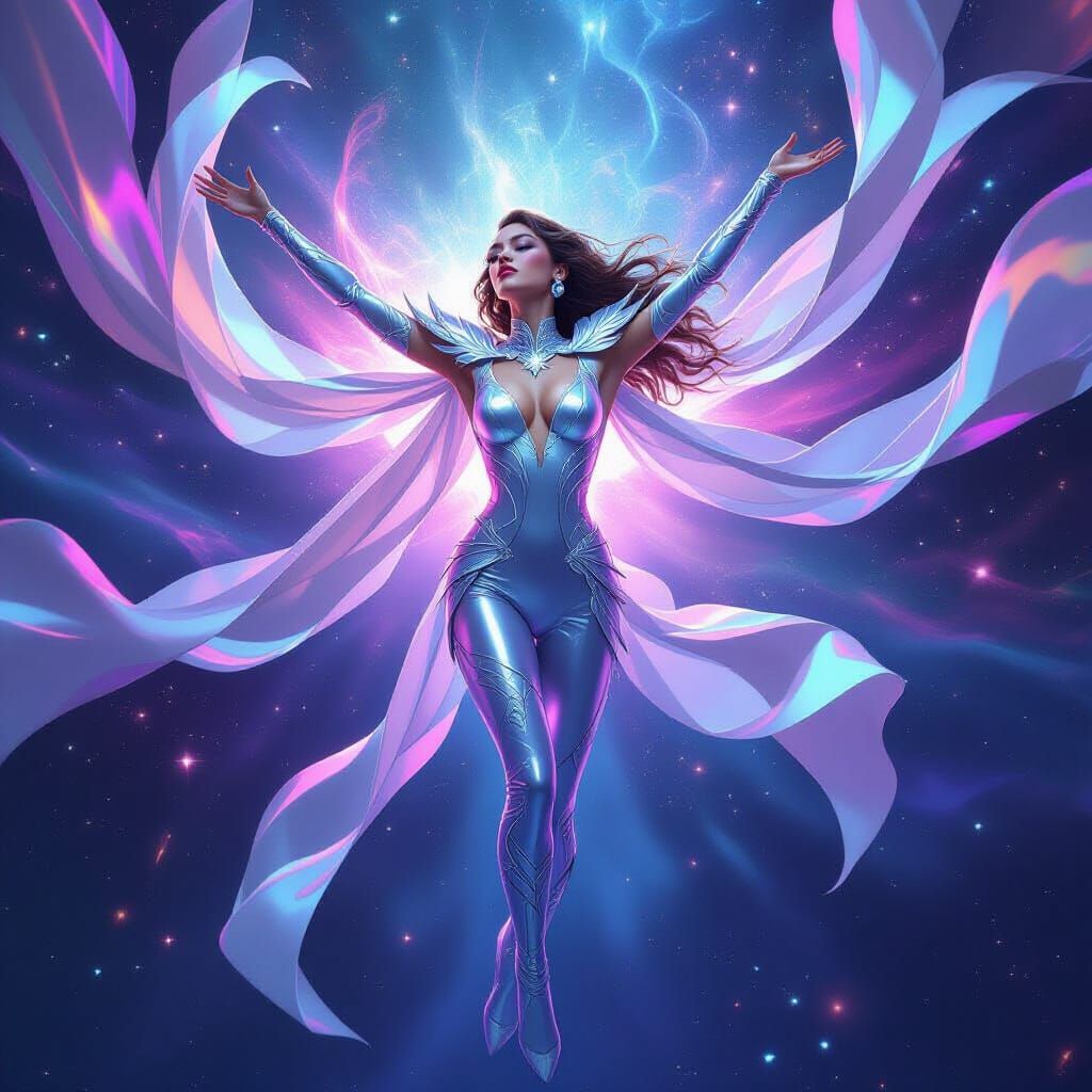 Lyra in Iridescent Catsuit Amidst Cosmic Energy