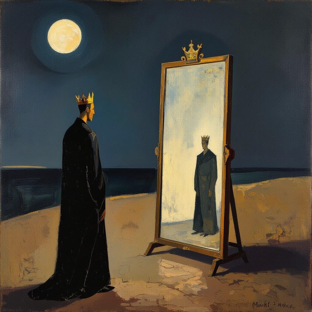 Weary King Without Crown Contemplates Empty Mirror