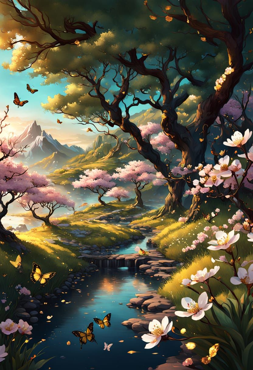 Golden Hour Cherry Blossom Landscape in Matte Painting Style