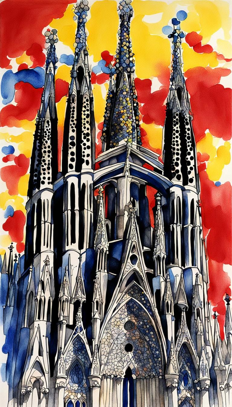Sagrada Familia Ink Drawing in Bold Colors
