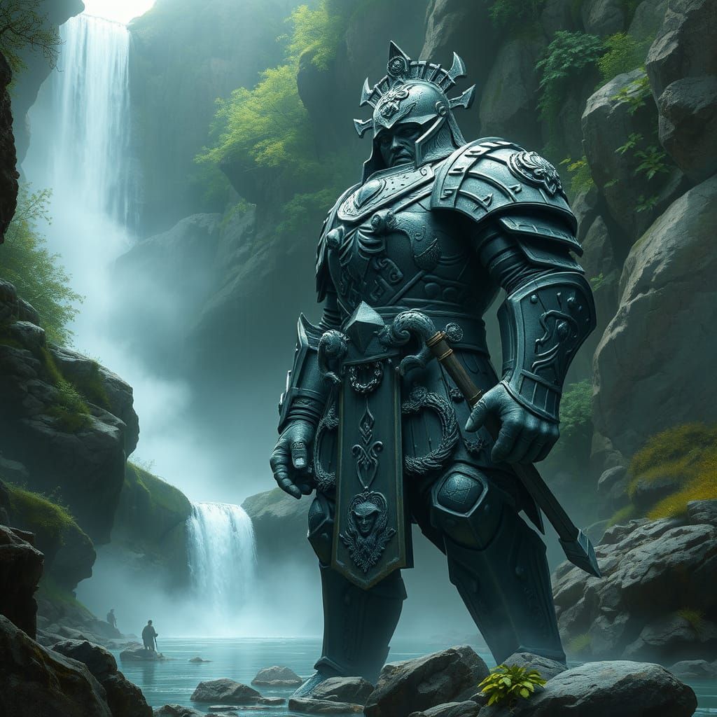 Stone Warrior Guardian at River Waterfall Entrance
