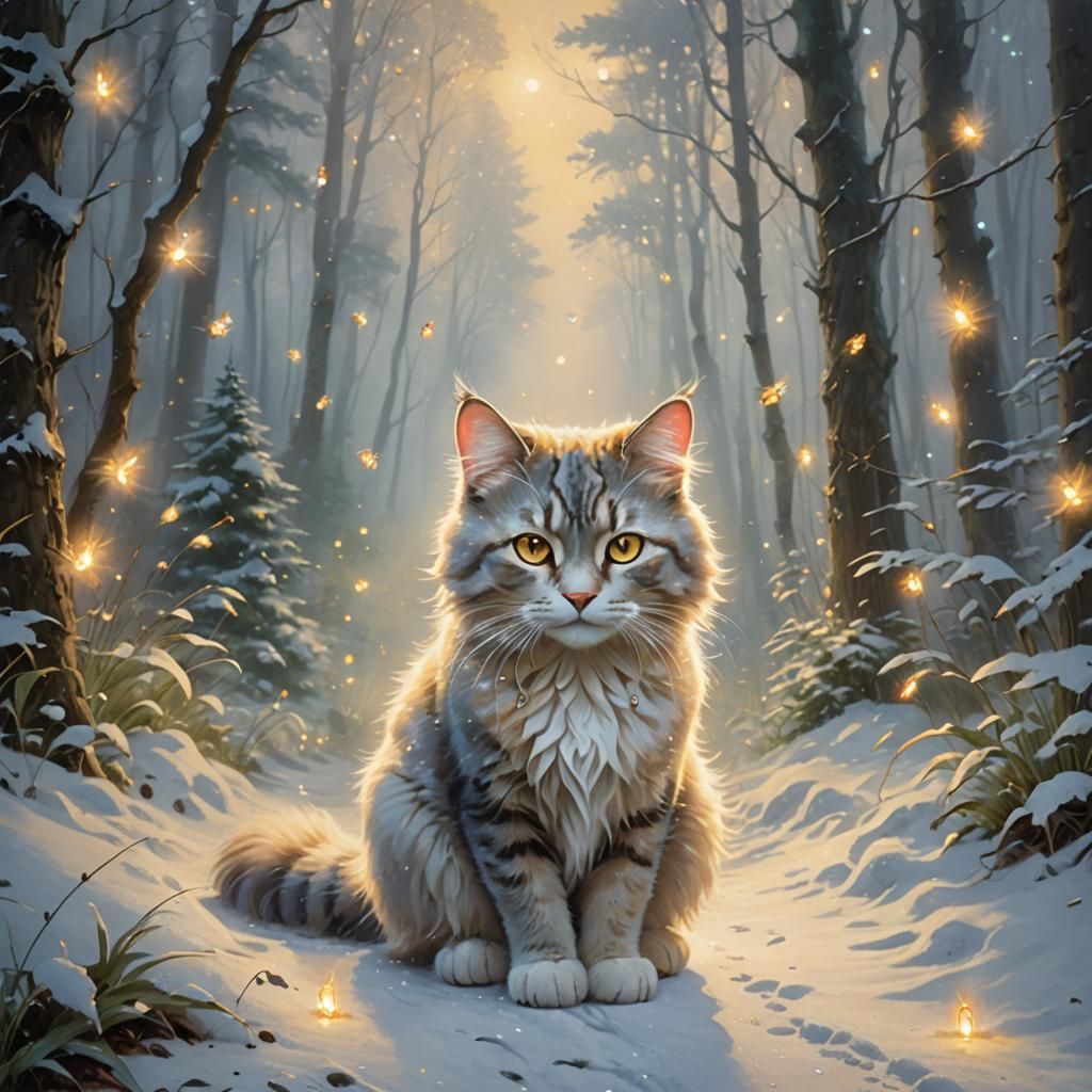 Snow Cat in Misty Forest: Ethereal Fantasy Art