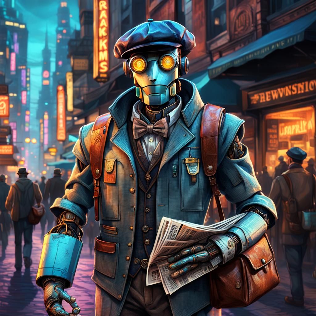 Cyberpunk Robot in Neon Cityscape Concept Art