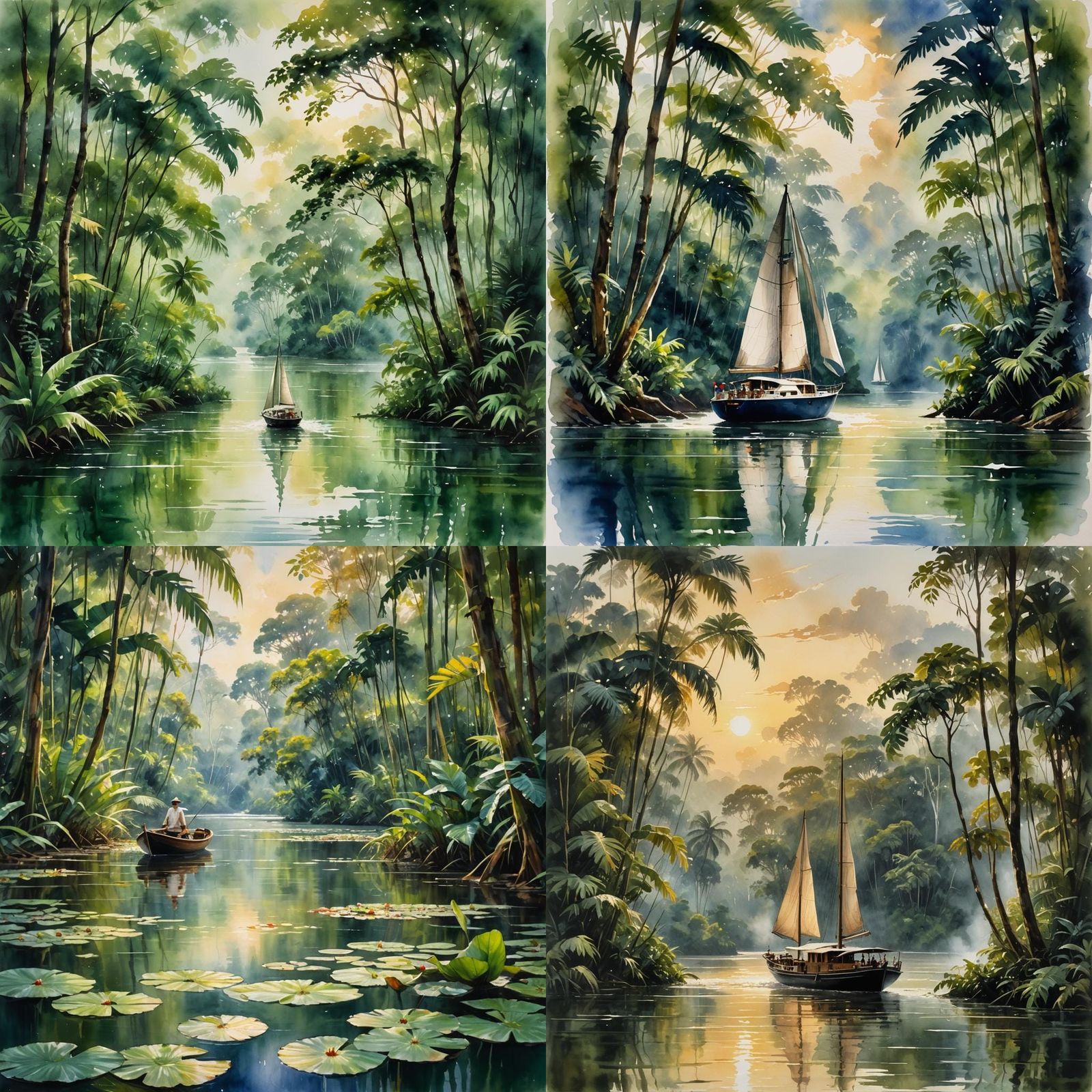 Masterpiece portrait of a yacht sailing down Amazon river.  Scenic lush jungle landscape in background. Wet brush, Water...