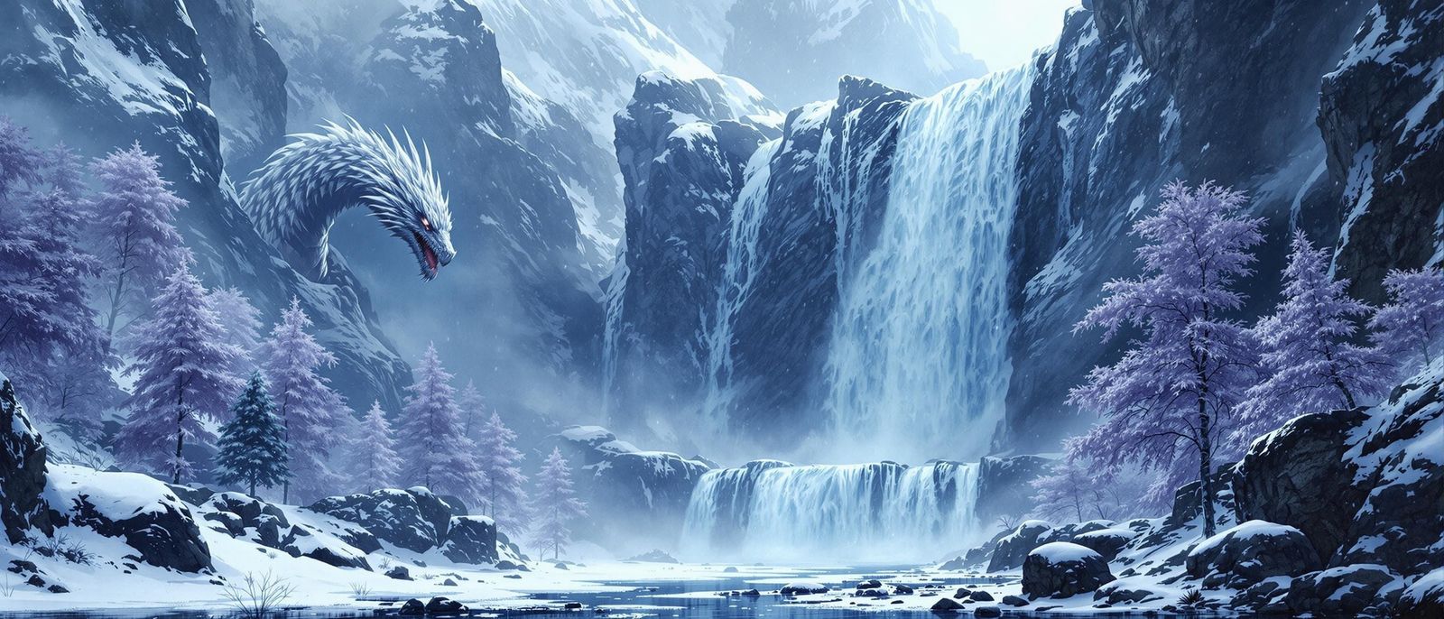 Majestic Dragon Drinks from Waterfall in Serene Snowscape