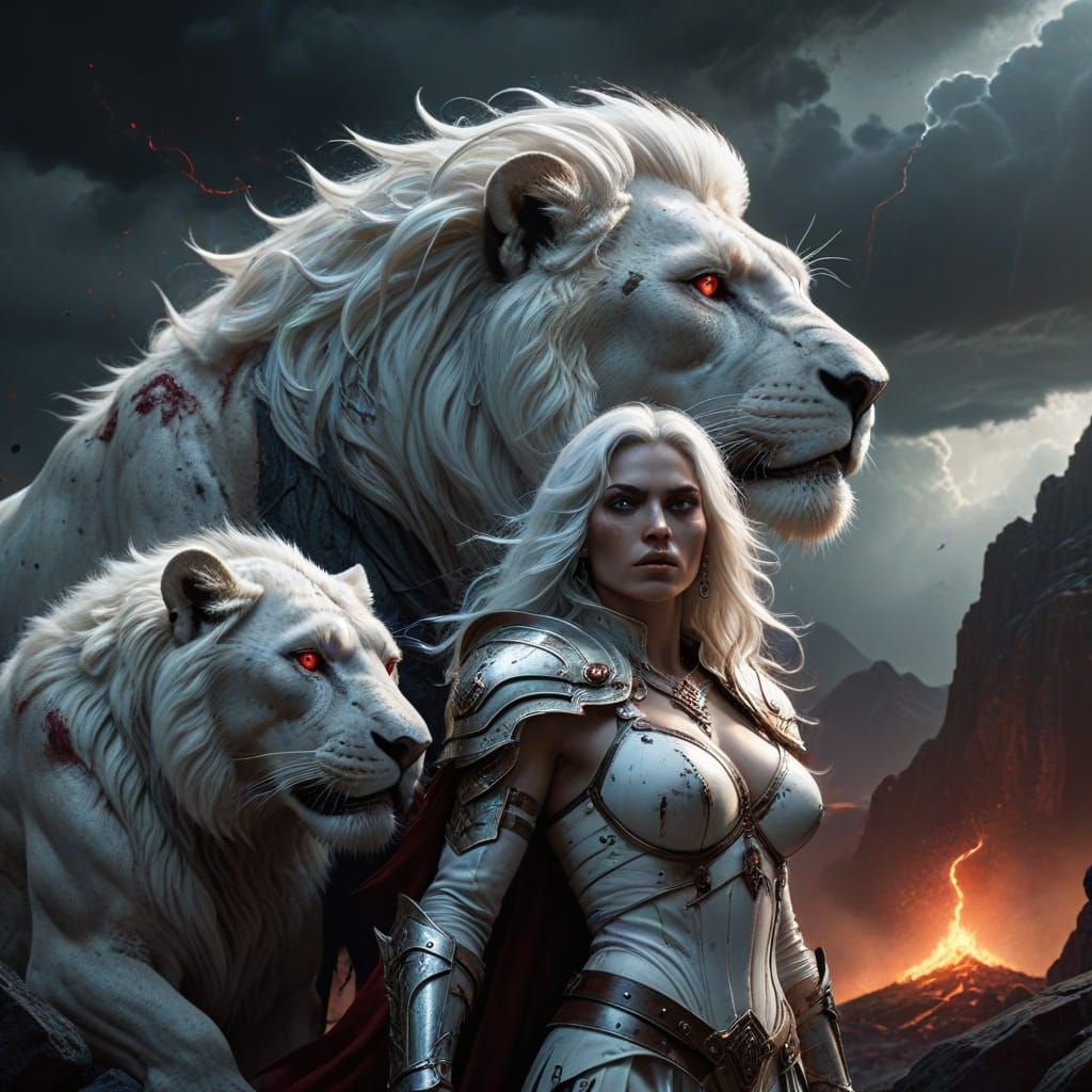 Barbarian Queen and Lion in Dark Fantasy Art