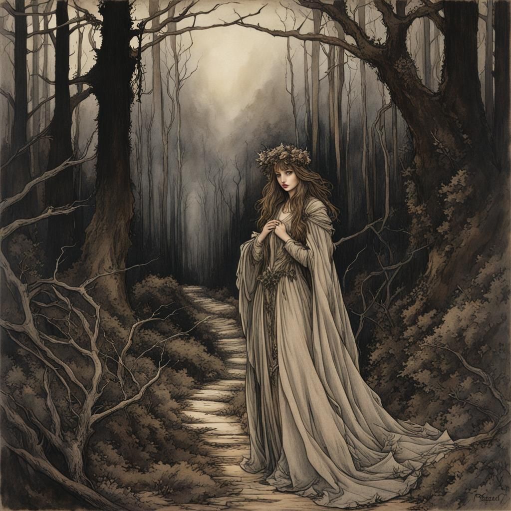 Dark Fairy Tale: Woman in Thorny Forest, Rackham Style