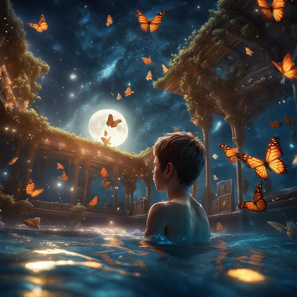 Boy Swimming at Night with Butterflies