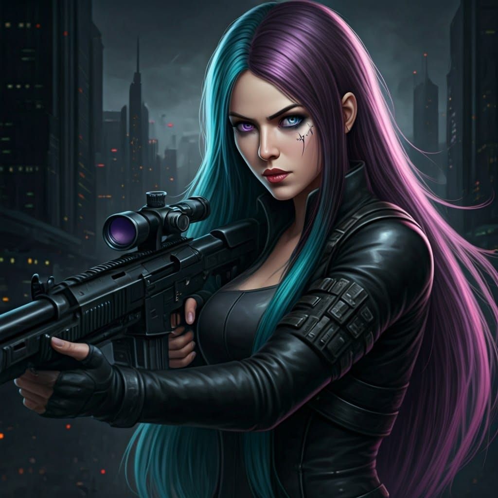 Cyberpunk Spy Woman Aims Sniper Rifle