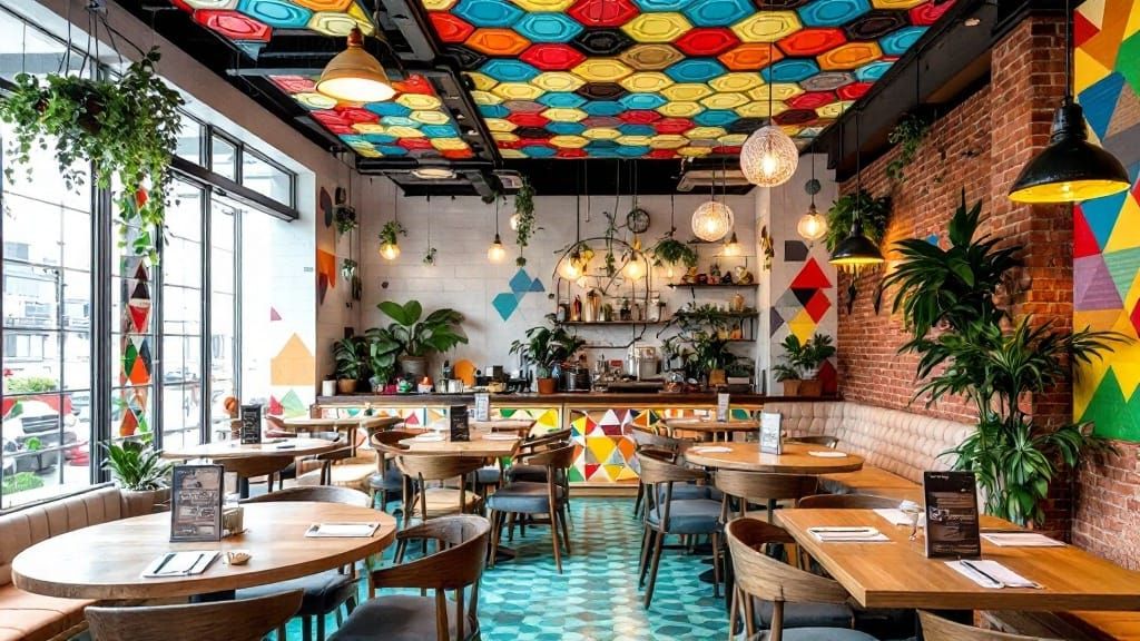 Vibrant Restaurant Interior with Geometric Decor