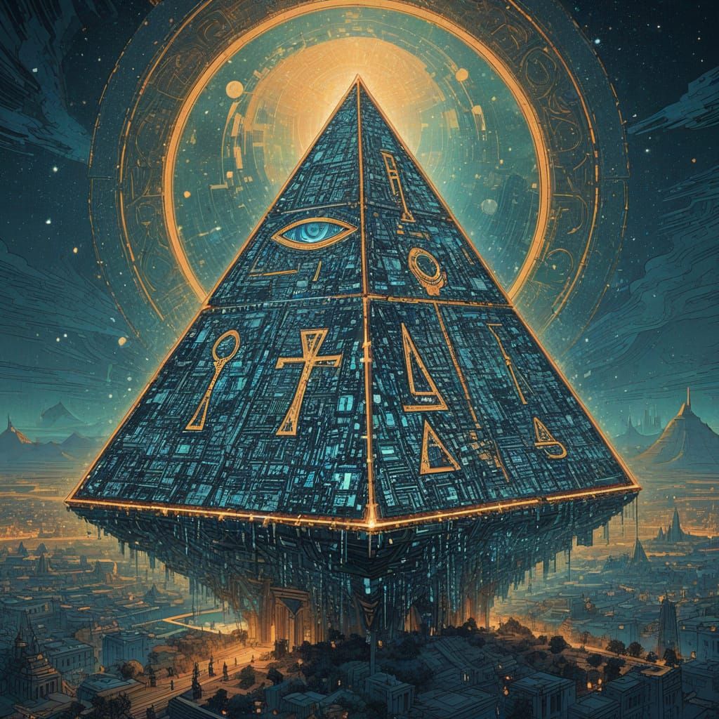 Digital Pyramid in Space with Neon Circuits & Pixels