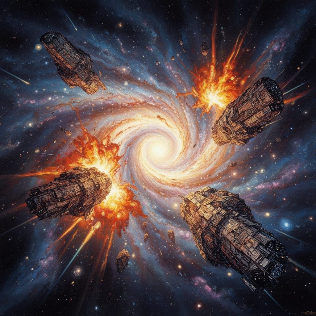 Galactic Collision Through Portal with Exploding Starships