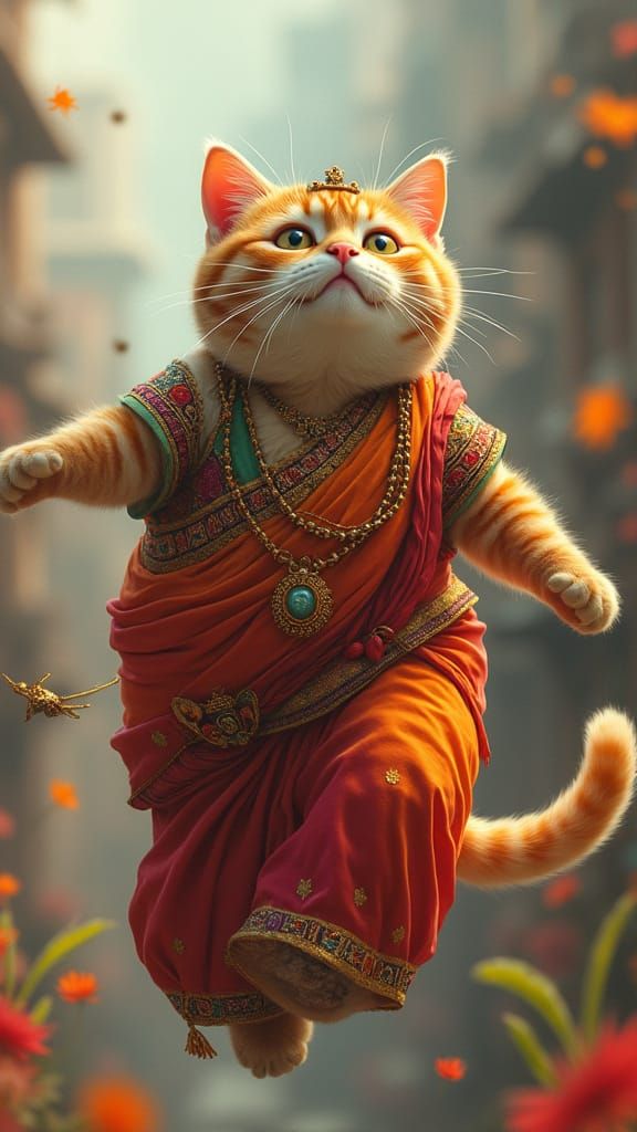 Cat in Saree Flying in Cinematic Ultra HD
