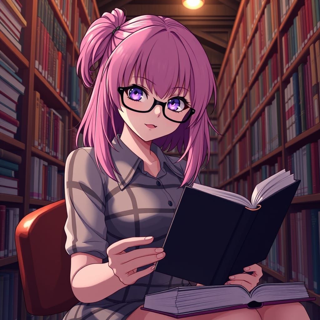 Elegant Bookworm in a Vibrant Library