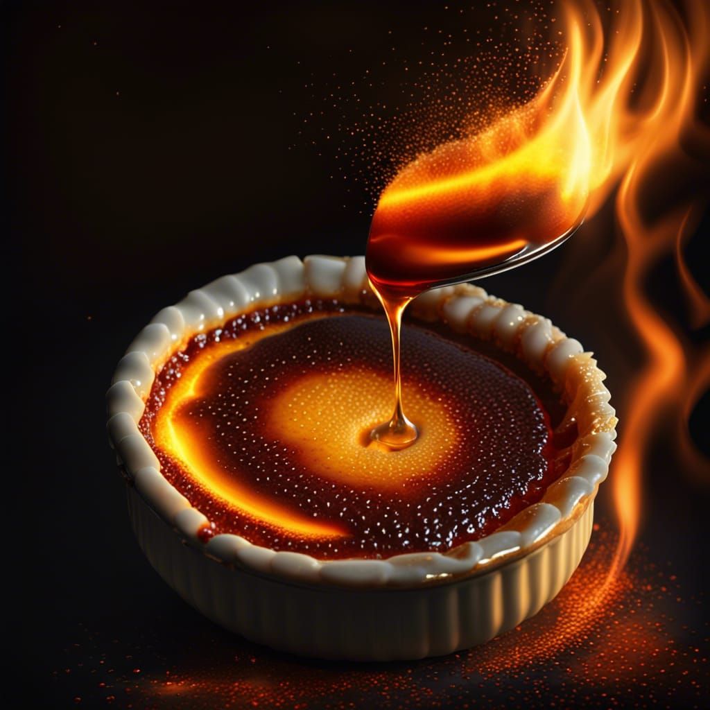 Fiery Creme Brulee Dessert in Cinematic Lighting