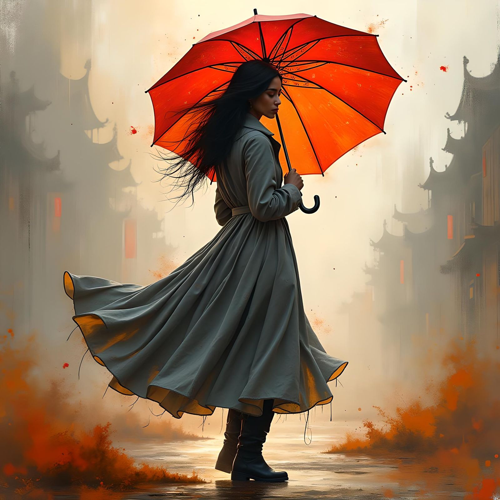 Woman with Red Umbrella in Fluid Brushwork Style