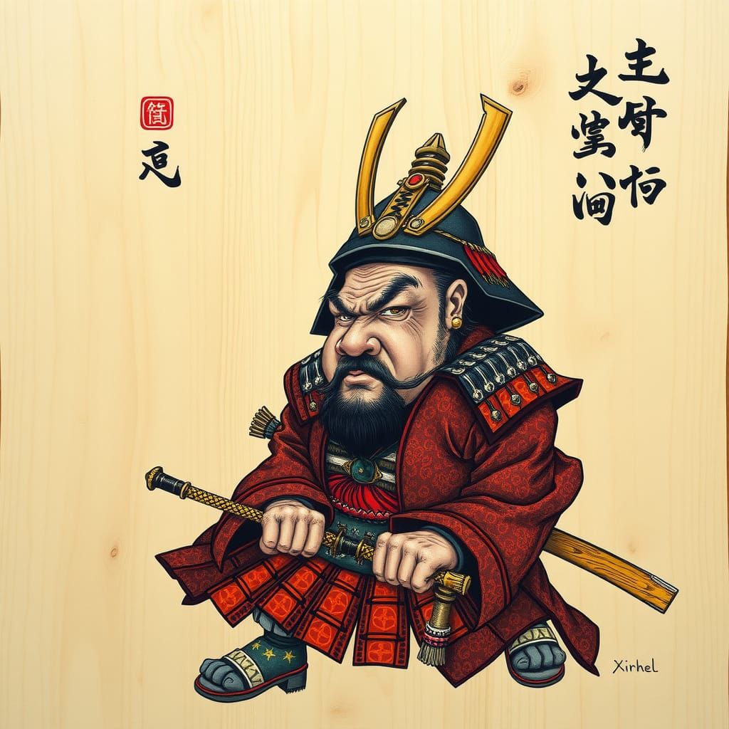 Funny Samurai Caricature in Ukiyo-e Style