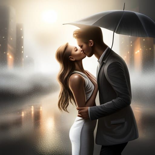 Romantic Couple Kissing in the Rain