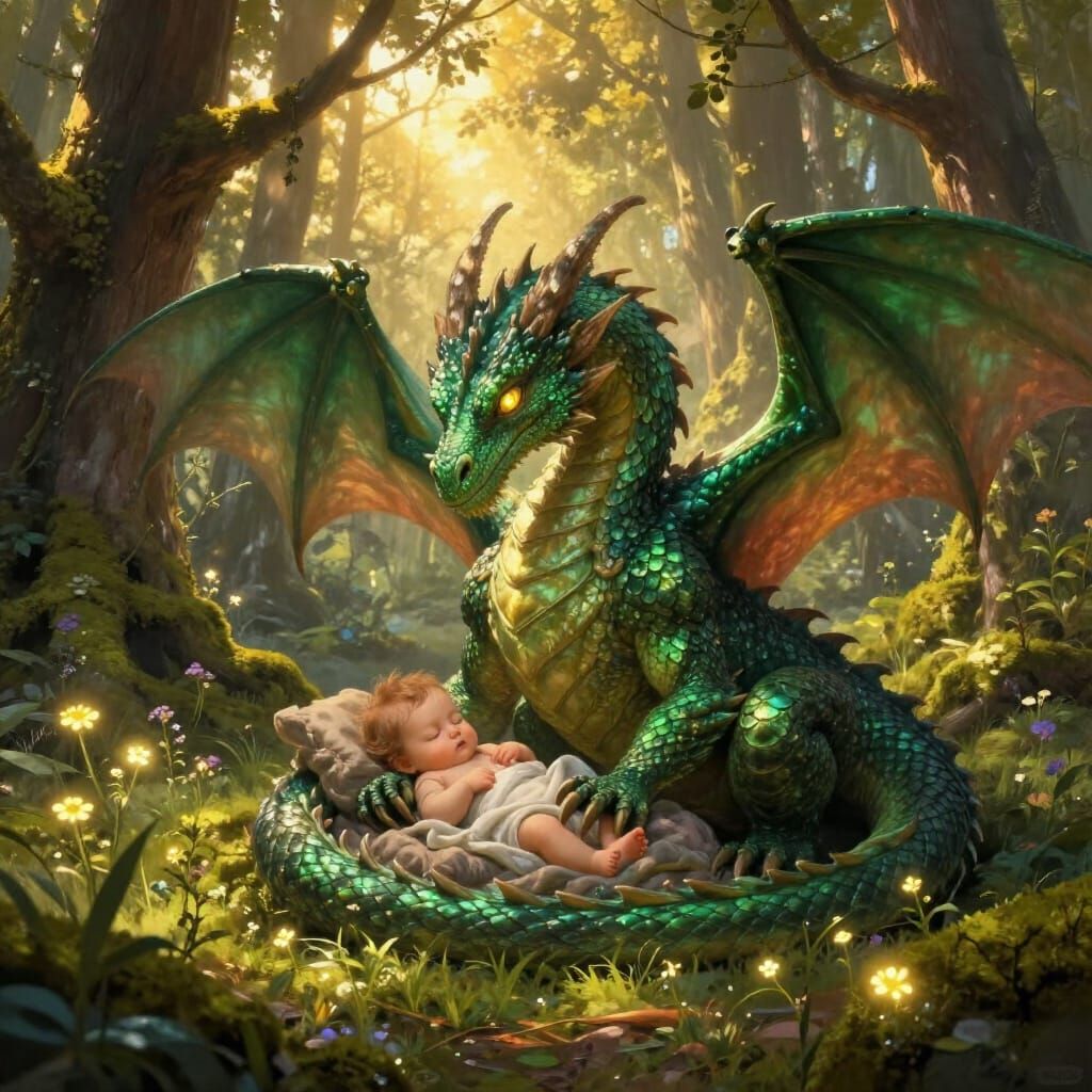 Dragon Protects Infant in Ancient Forest Clearing