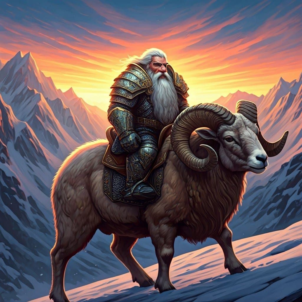 Dwarf Warrior on Giant Ram in Snowy Mountains