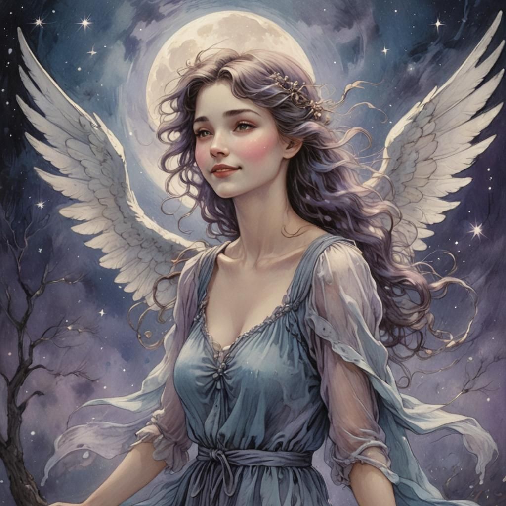 Whimsical Woman Flies to the Moon: Fairytale Illustration
