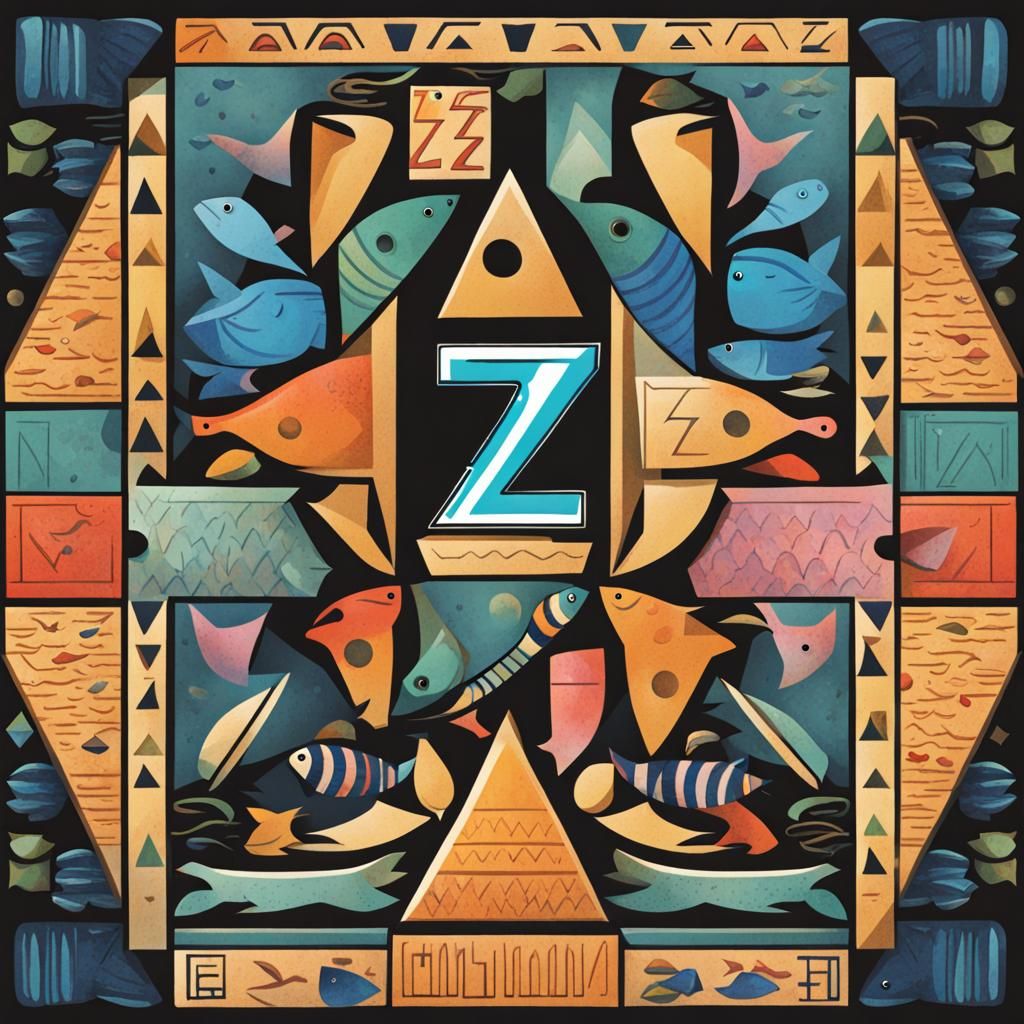Egyptian Geometric Cartoon Letter Z with Fish