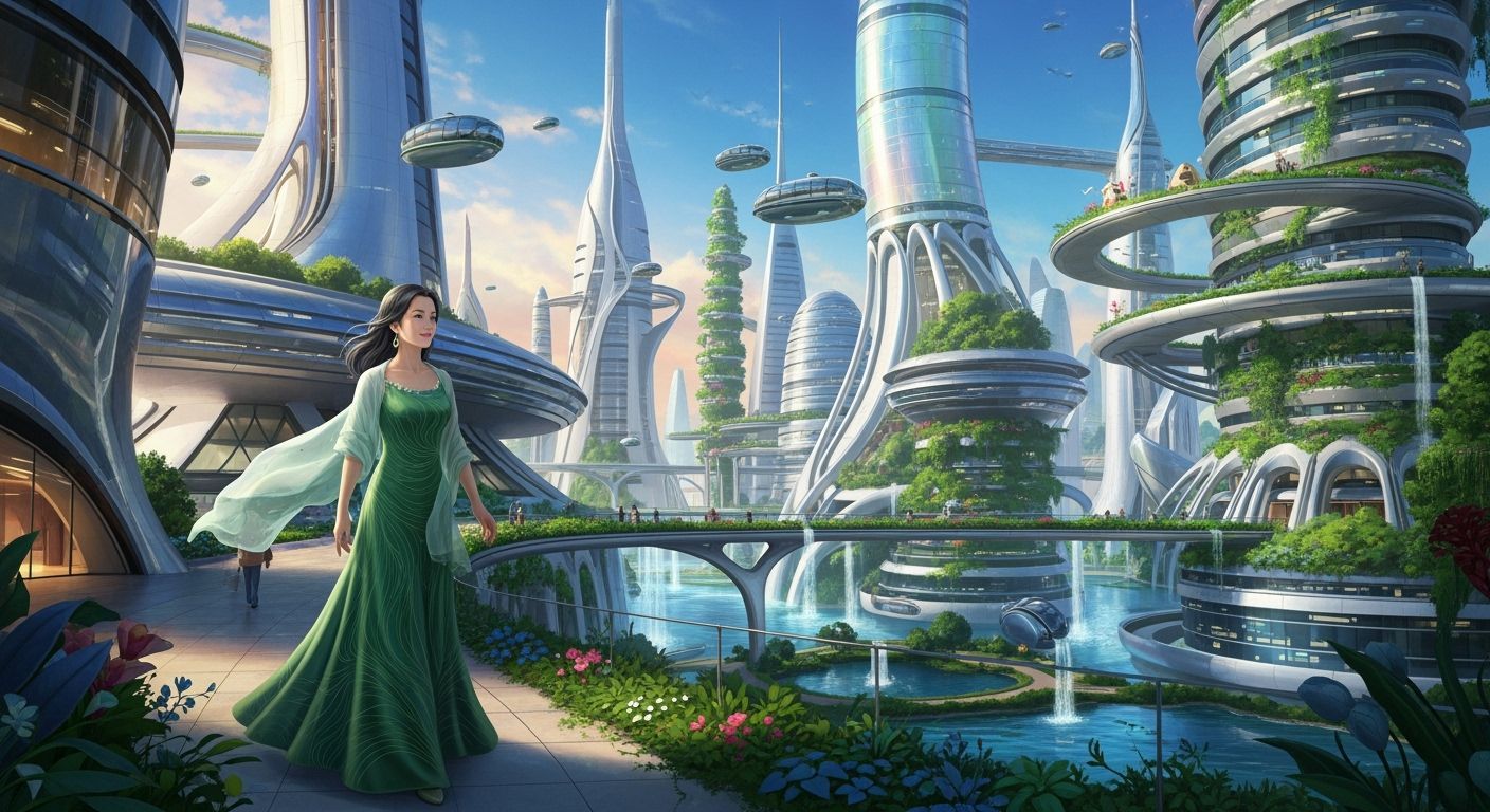 Futuristic Cityscape with Serene Woman in Chrome and Glass
