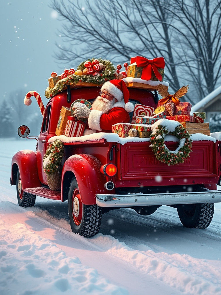Santa's Red Truck Delivering Christmas Gifts