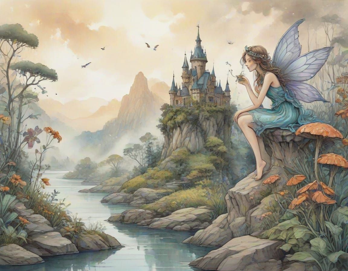 Whimsical Fairy in a Muted Fantasy Landscape