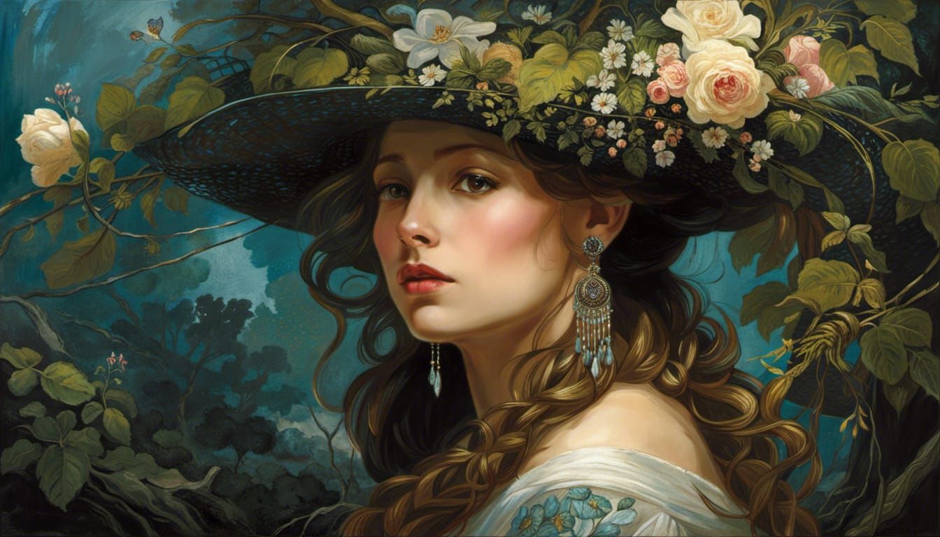 Galactic Gaze: Medieval Oil Painting of Woman