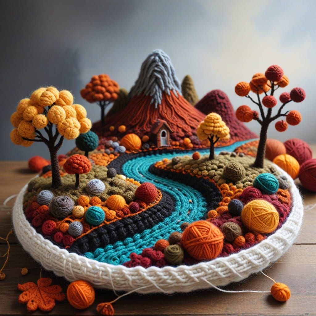Surreal Autumn Landscape Crafted from Crochet Yarn