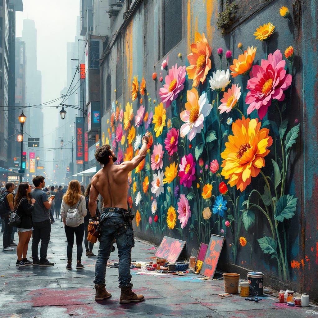 Artist Paints Vibrant Mural in Gloomy City Square