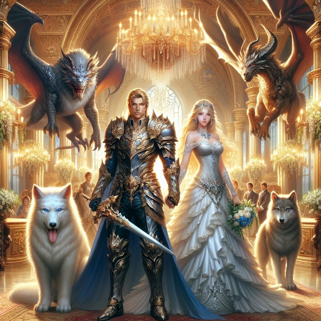 The wedding of A warrior prince and princess, blond hair, blues eyes, grand room, protected by their dragon and wolf com...