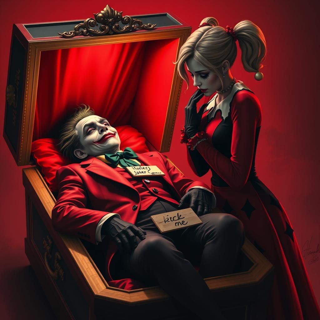 The funeral of the Joker, Joker laying in an open coffin with "kick me" written on it, Harley Quinn wearing a red and bl...