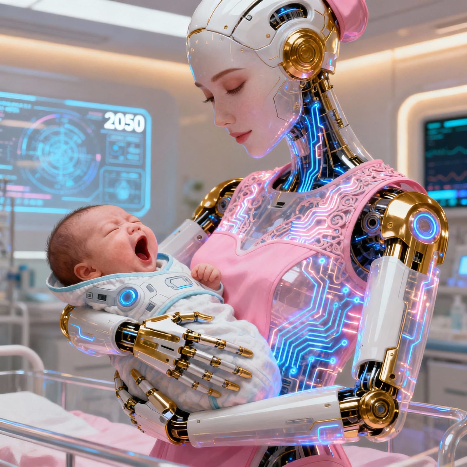Nurturing Automaton Midwife with Newborn, 2050